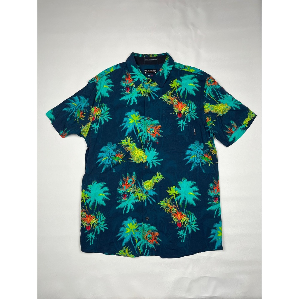 Baja Llama Tropical Tiger Pineapple Shirt Mens L Navy Blue Short Sleeve Button